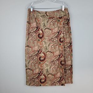 Vintage Peck & Peck Silk Collection Brown Paisley Wrap Midi Straight Skirt 14